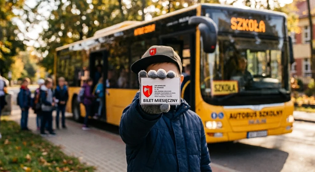 dziecko trzyma bilet miesięczny na tle autobusu (wygenerowano za pomocą AI)