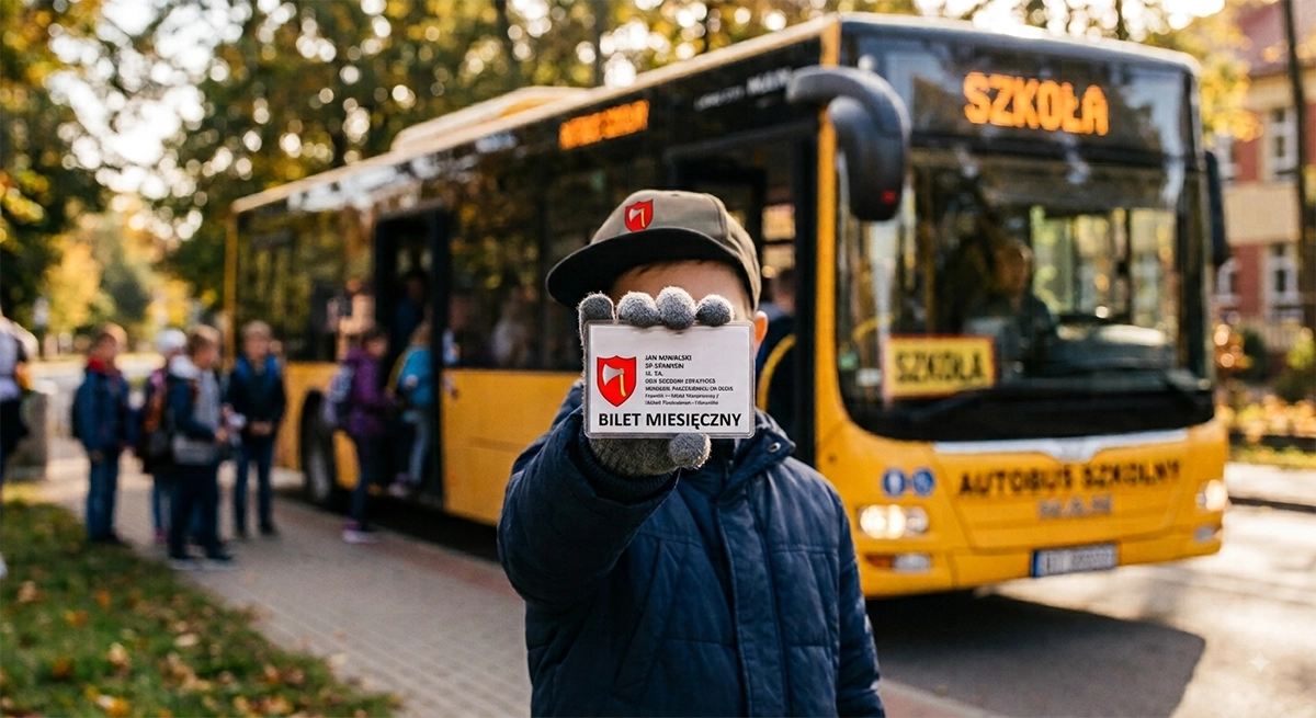 dziecko trzyma bilet miesięczny na tle autobusu (wygenerowano za pomocą AI)